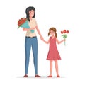 Happy mother and daughter in casual clothes vector flat illustration isolated on white background.