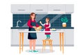 Happy mother and daughter cooking breakfast in kitchen. Mom and little girl baking, making dough. Vector illustration