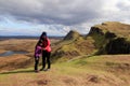 Happy mother and and daughter enjoying photographing beautiful view at the Quiraing, Scotland Royalty Free Stock Photo