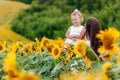 Happy mother with the daughter in the field with sunflowers. mom and baby girl having fun outdoors. family concept Royalty Free Stock Photo