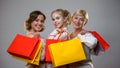 Happy mother, daughter and granny holding shopping bags, female leisure, sale