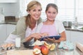 Happy mother and daughter preparing cake together Royalty Free Stock Photo