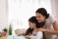 Happy mother and daughter reading book together at home. Single parenting Royalty Free Stock Photo