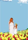 Happy mother and daughter on a spring afternoon among a field of tulips Royalty Free Stock Photo
