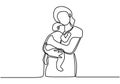 Happy Mother day card. Continuous one line drawing. Young mom hold her baby in arms. Mom and her baby relation. Happy family