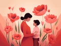 Happy mother day card. Cute Mom and child. Flowers background. Royalty Free Stock Photo