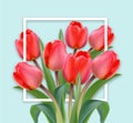 Happy Mother Day card tulip flowers bouquet Vector realistic. Bright blue color backgrounds