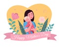 Happy mother day. Cartoon postcard. Loving mom holding child, woman hugs with baby, parent with newborn son or daughter