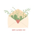 Happy Mother Day Envelope with flowers bouquet and holiday text. Spring elements set isolated on white background. Vector Royalty Free Stock Photo
