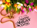 Happy mother day love greetings tulip flowers and text wishes lettering festive background pink blue white template for holida