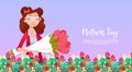 Happy Mother Day, Woman Hold Flowers Bouquet Spring Holiday Greeting Card Banner