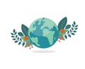 Happy Mother Earth Day. Globe planet earth with plants and flowers. Caring for nature concept. Vector illustration Royalty Free Stock Photo
