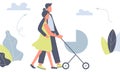 Happy mother and father on walk with newborn in stroller. Parents pushing pram with child in park. Young mom and dad with baby in Royalty Free Stock Photo