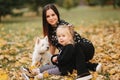 Happy mother and her daughter playing with dog in autumn park. Family, pet, domestic animal and lifestyle concept Royalty Free Stock Photo