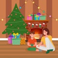 Happy mother and her daughter sitting next to Christmas tree. Cozy Christmas interior. Presents under the tree Royalty Free Stock Photo