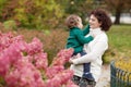 Happy mother and her little boy. Child playing with mother in the park. Mother and son embracing Royalty Free Stock Photo