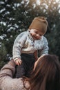 Happy mother and her son on nature smiling, play and embracing. Love and tenderness. International hugging day Royalty Free Stock Photo