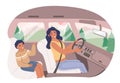 Happy mother with her son sitting inside car, flat vector illustration. Road trip. Summer vacation.