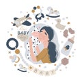 Happy mother holding her little baby. Baby care accessories and items. Newborn boho baby. Royalty Free Stock Photo