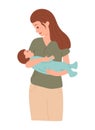 Happy mother holds a sleeping baby in her arms. Mom hugs with love her child. Beautiful woman hold her newborn son. vector Royalty Free Stock Photo