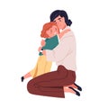 Happy mother hugging cute smiling child. Family, girl kid and mom cuddling, embracing with love. Woman parent caring