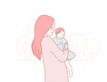 Happy mother hugs little baby. Mom with daughter on a walk. Mothers day concept hand drawn style on isolated background. Mom take Royalty Free Stock Photo