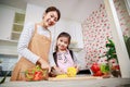 Happy Mother and kid preparing healthy food and having fun in kitchen at home Royalty Free Stock Photo