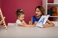 Happy mother with little kid studying together. Preschool studying concept.