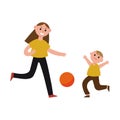 Happy mother playing ball with her son cartoon characters, mom and her child playing sports together vector Illustration Royalty Free Stock Photo