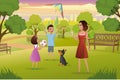 Happy Mother Playing with Kids in City Park Vector