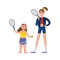 Happy mother playing tennis with her daughter cartoon characters, happy family playing sports together vector Royalty Free Stock Photo