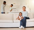 Happy mother, portrait and child on sofa of black family in relax for bonding, holiday or weekend at home. African mom Royalty Free Stock Photo