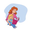 Happy mother reading book teaching little daughter