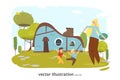 Happy Mother Rest with Children in Yard Cartoon