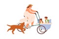 Happy mother riding cargo bicycle with children in carriage. Mom cycling bunch bike with kids while dog running nearby