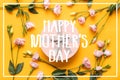 Happy Mother`s Day Background. Bright Yellow and Pastel Pink Colored Mother Day Background. Flat lay greeting card with gift box. Royalty Free Stock Photo