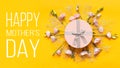 Happy Mother`s Day Background. Bright Yellow and Pastel Pink Colored Mother Day Background. Flat lay greeting card. Royalty Free Stock Photo
