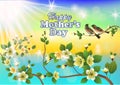 Happy Mother`s Day background with flowers on the tree, two birdies.
