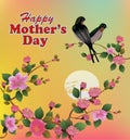 Happy Mother`s Day background with flowers on the tree, two birdies.