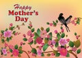 Happy Mother`s Day background with flowers on the tree, two birdies.