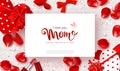 Happy Mother`s Day banner. Beautiful Background with gift boxes in heart shape, roses,lipstick,bows and serpentine Royalty Free Stock Photo