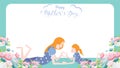 Happy mother`s day banner. Child daughter congratulates mom with dancing, playing, and hands showing heart shape symbol. Colorful