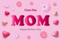 Happy Mother`s Day banner, poster, postcard with realistic hearts shades of white, pink, coral color, spring flowers and text