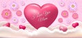 Happy Mother`s Day banner, poster. Vector illustration with realistic pink hearts on the clouds, with spring flowers Royalty Free Stock Photo