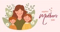 Happy Mother\'s Day banner. Young woman mother with children, son and daughter. Flat illustration in cartoon style Royalty Free Stock Photo