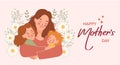 Happy Mother\'s Day banner. Young woman mother with children, son and daughter. Flat illustration in cartoon style Royalty Free Stock Photo