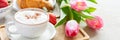 Happy mother\'s day, beautiful breakfast, lunch with cup of coffee (cappuccino) fresh croissants