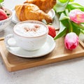 Happy mother\'s day, beautiful breakfast, lunch with cup of coffee (cappuccino) fresh croissants