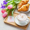 Happy mother\'s day, beautiful breakfast, lunch with cup of coffee (cappuccino) fresh croissants