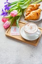 Happy mother\'s day, beautiful breakfast, lunch with cup of coffee (cappuccino) fresh croissants
